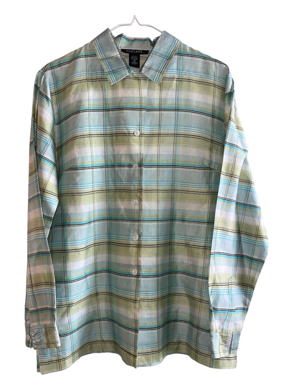SilkLand Light Blue & Green Plaid Long-Sleeve Button Shirt